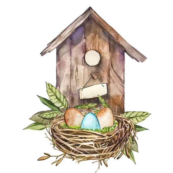 Aquarel vogelhuisje met Lentebloemen, eieren. Handgeschilderde nesten vak geïsoleerd op een witte achtergrond. Pasen-ontwerp — Stockfoto