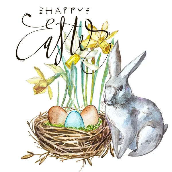Akvarell vårblommor med kanin, fågelbo med ägg och ordet påsk. Handmålade holk isolerad på vit bakgrund. Påsk design — Stockfoto