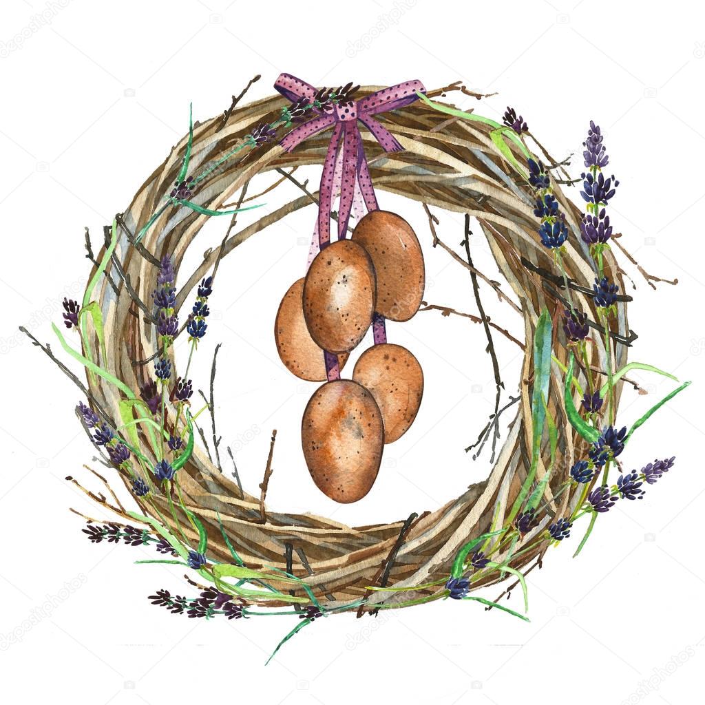 Hand drawn watercolor art Wreath with Spring flowers and eggs. Isolated illustration on white background.