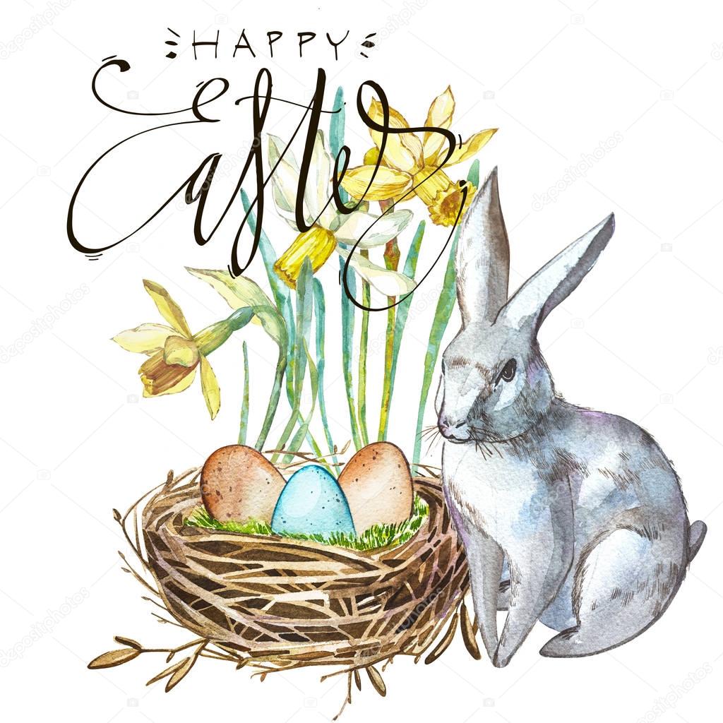 Watercolor Spring flowers with Rabbit, bird nest with eggs and word Easter. Hand painted nesting box isolated on white background. Easter design