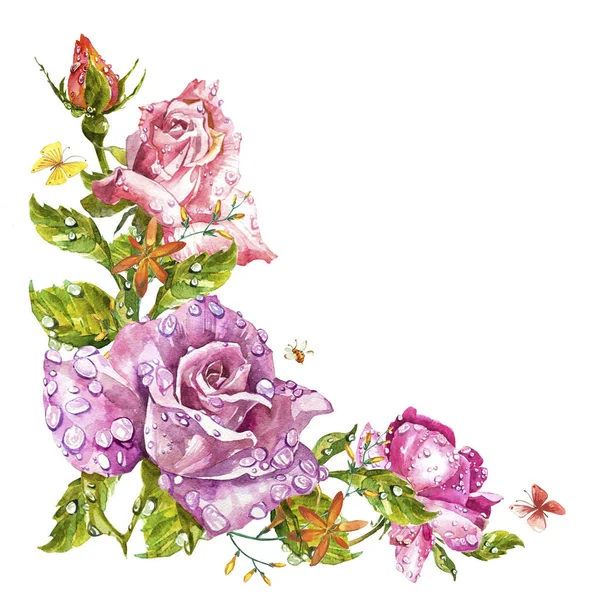 Akvarellmålning gratulationskort. Rosa bakgrund, akvarell sammansättning. Blomma bakgrund. Isolerade illustration på vit bakgrund. — Stockfoto