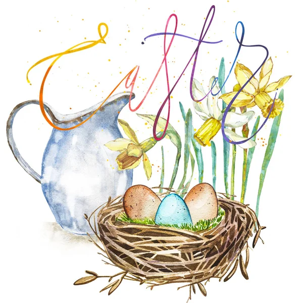 Watercolor Spring flowers with jug, bird nest with eggs and word Easter. Easter design — Stock Photo, Image