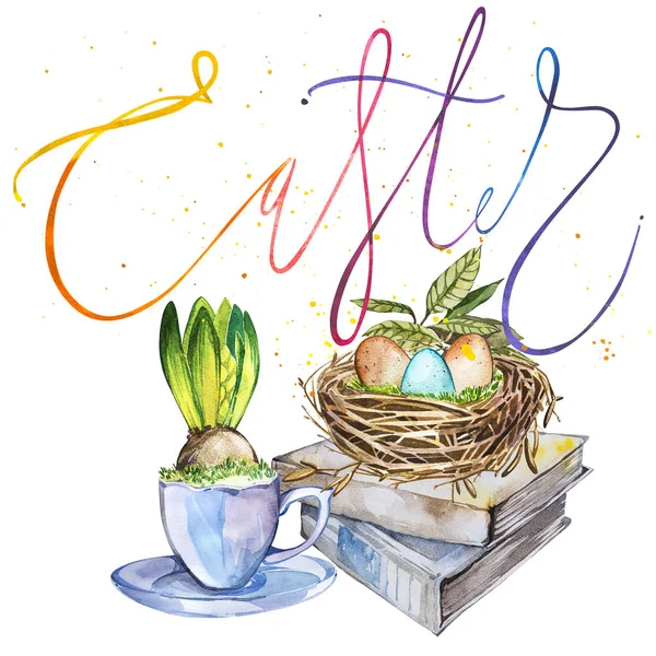 Hand getekende aquarel kunst vogel nest met eieren op de boeken, de Pasen ontwerp en het woord Pasen. Geïsoleerde illustratie op witte achtergrond. — Stockfoto