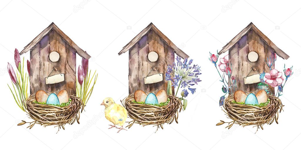 Set watercolor birdshouse with Spring flowers, eggs. Hand painted nesting box isolated on white background. Easter design