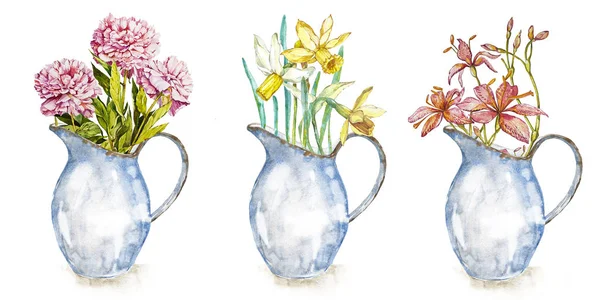 Állítsa be a tavaszi virágok zománc kancsóban. Elszigetelt fehér background. Akvarell kézzel rajzolt ábrán. Húsvéti design. — Stock Fotó