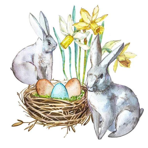 Aquarel Lentebloemen met konijn, vogel nest met eieren. Pasen-ontwerp — Stockfoto