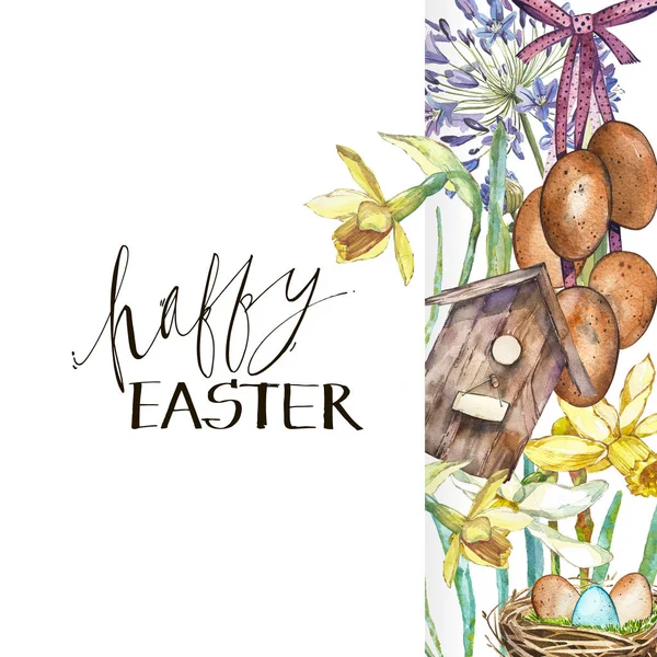 봄 꽃 수 선화 둥지, 버드, 계란. 레터링-행복 한 부활절과 수채화 손으로 그려진된 그림 카드. — 스톡 사진