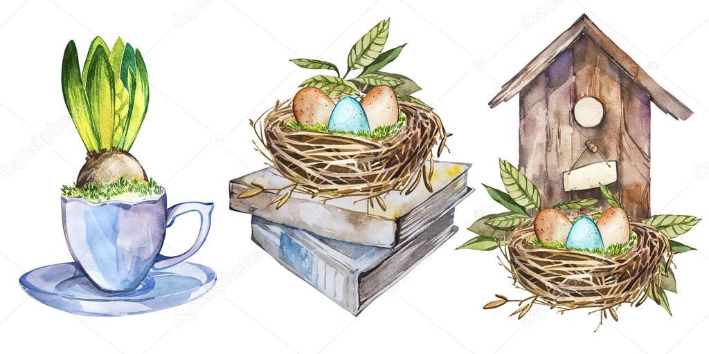 Set watercolor birdhouse with Spring flowers, eggs, bird nest, mug flower. Easter design