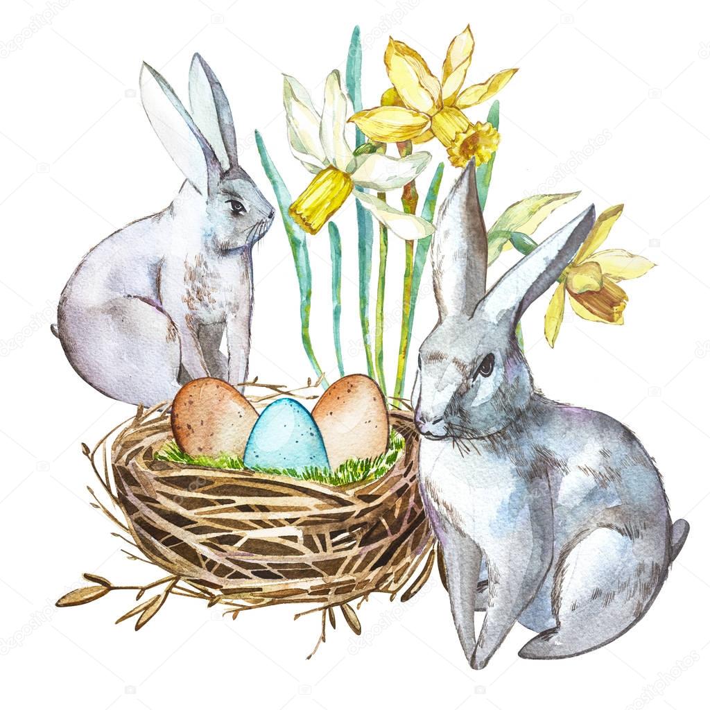 Watercolor Spring flowers with Rabbit, bird nest with eggs. Easter design