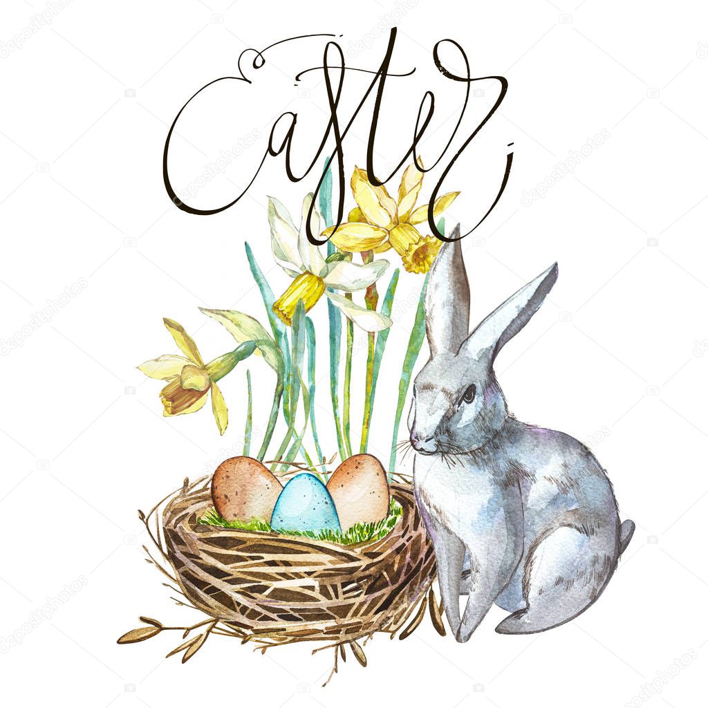 Watercolor Spring flowers with Rabbit, bird nest with eggs with word Easter, Easter design