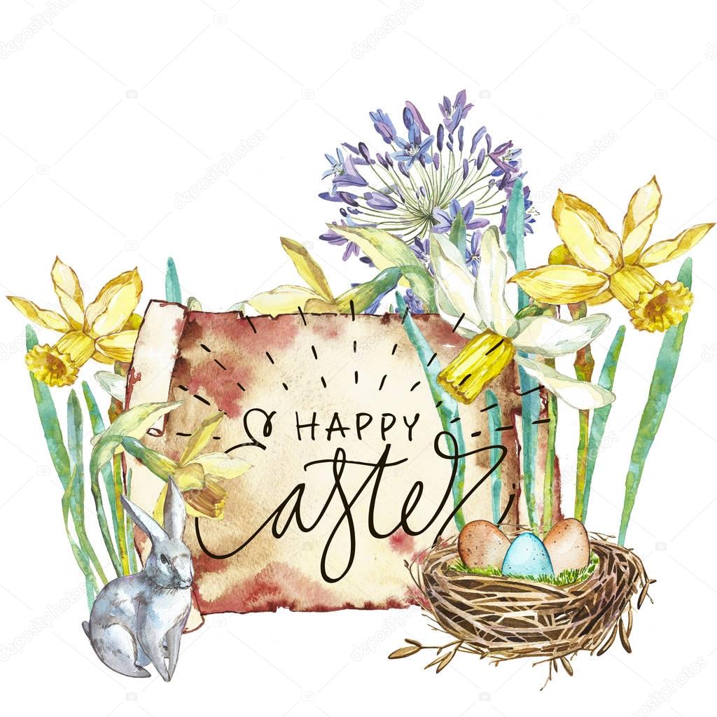 Spring flowers narcissus. Isolated on white background. Watercolor hand drawn illustration. Easter design. Lettering - Happy Easter.
