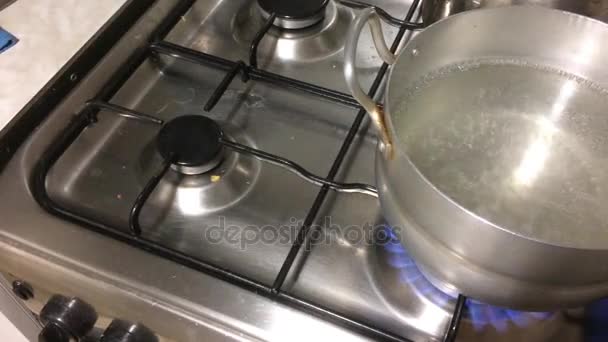 ガスストーブの鍋。沸騰したお湯 — ストック動画
