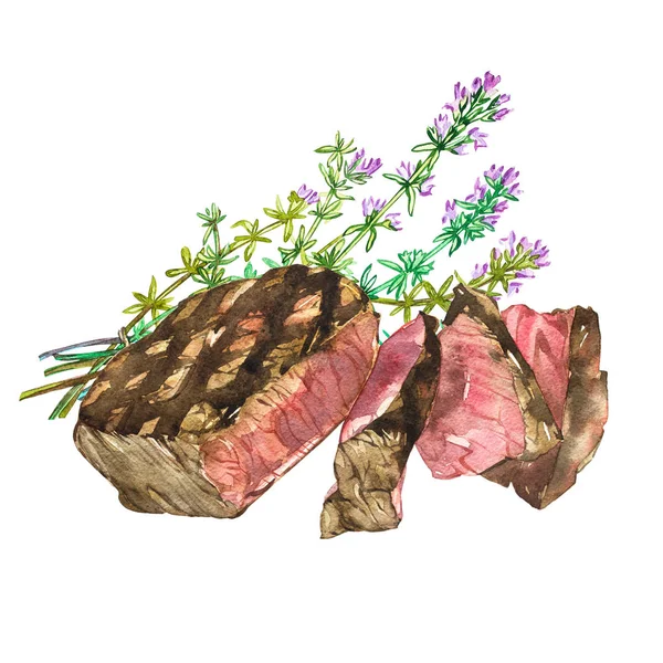 Oksekød med timian. Akvarel ribeye bøf. Håndtegnet illustration. Isoleret på hvid baggrund - Stock-foto