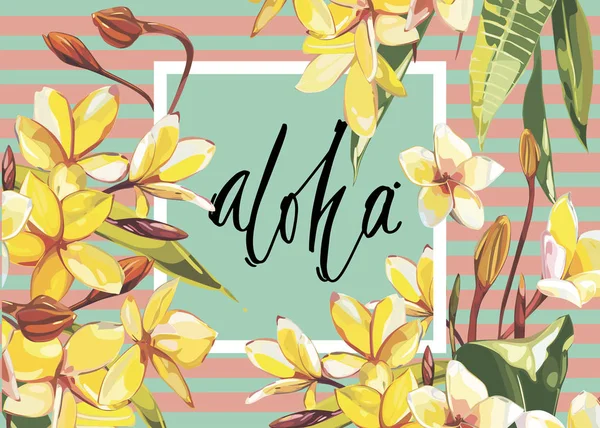 Cadre floral avec fleurs de Plumeria sur fond clair. Carte de voeux ou modèle pour la conception de jour de mariage. Word- Aloha. SPE 10 — Image vectorielle