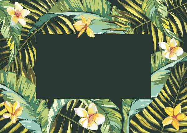 Fondo de composición de hojas tropicales. formas planas dibujadas a mano. Verde sobre negro con pájaro de plumeria flores. EPS 10 — Archivo Imágenes Vectoriales
