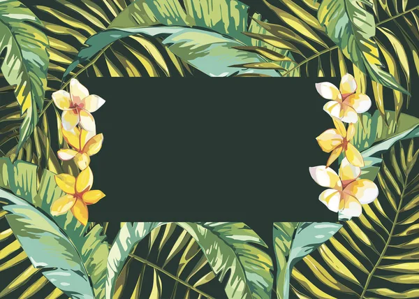 Feuilles tropicales fond de composition. Formes plates dessinées à la main. Vert sur noir avec des fleurs d'oiseau de plumeria. SPE 10 — Image vectorielle