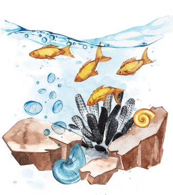 Deniz hayat manzara - okyanus ve farklı nüfusu ile sualtı dünyasını. Akvaryum kavramı için posterler, tişörtler, Etiketler, Web siteleri, kartpostallar.