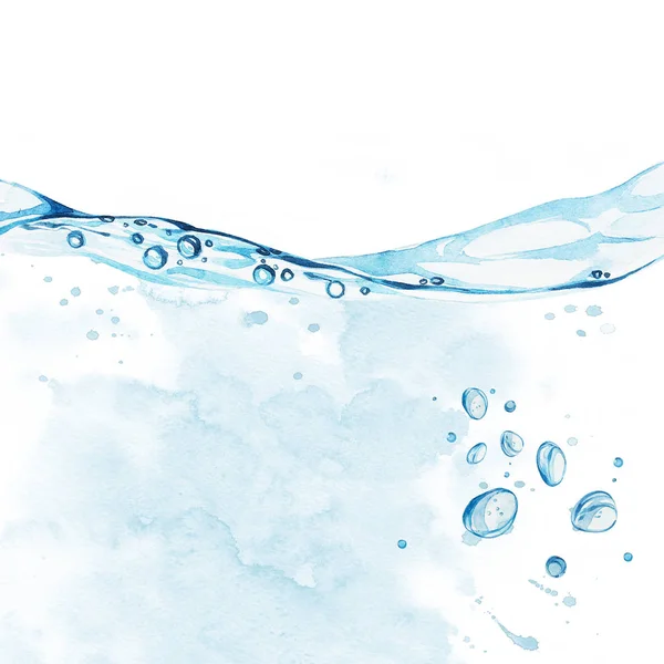 Wasserhintergrund mit Blasen und Wasserlinie. Aquarell handgezeichnete bemalte Illustration. — Stockfoto