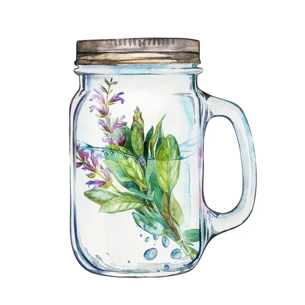 Isoleted Tumbler with stainless steel lid and a sage branch inside. Watercolor hand drawn painted illustration. — Stock Photo, Image