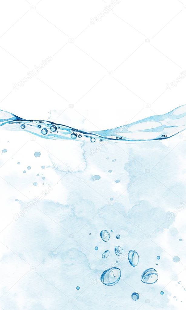Water background with bubbles and water line. Watercolor hand drawn painted illustration.