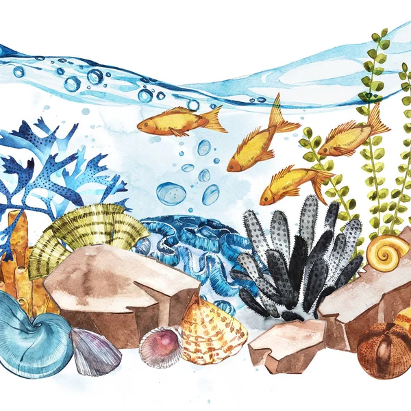 Морской пейзаж - океан и подводный мир с разными обитателями. Концепция аквариума для плакатов, футболок, этикеток, вебсайтов, открыток . — стоковое фото