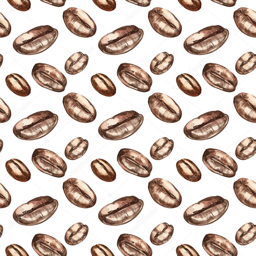Hand drawn watercolor coffee seamless background. Isolated on white background.