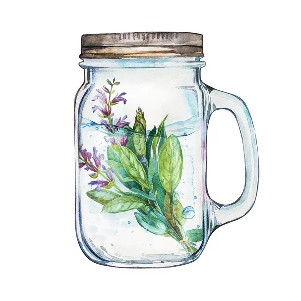 Vaso aislado con tapa de acero inoxidable y salvia. Acuarela dibujada a mano ilustración pintada, línea de agua y burbujas . —  Fotos de Stock