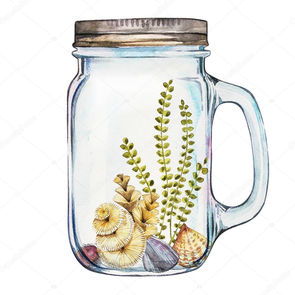 Isoleted Tumbler with Marine Life Landscape - the ocean and the underwater world with different inhabitants. Aquarium concept for posters, T-shirts, labels, websites, postcards.