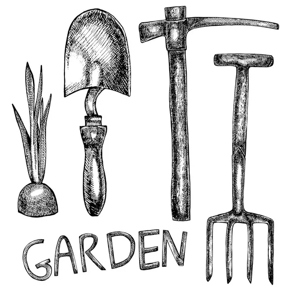 Графическая иллюстрация садовых инструментов. Изолированный на белом фоне . — стоковый вектор