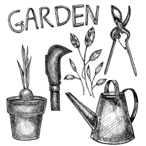 Grafic illustration of garden tools. Aislado sobre fondo blanco . — Archivo Imágenes Vectoriales