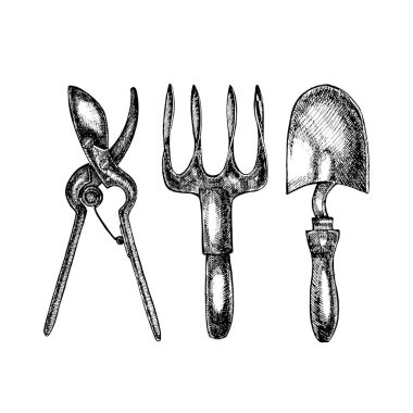 Bahçe aletleri grafic Illustration. Beyaz arka plan üzerinde izole.