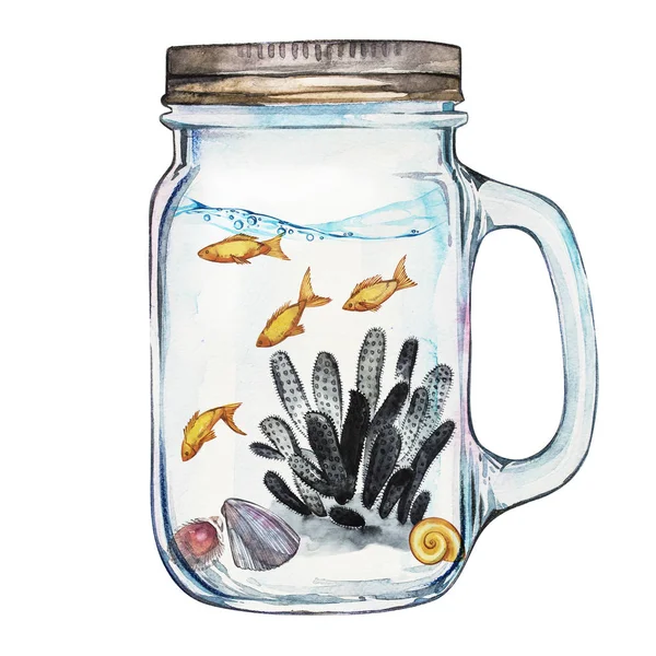 Vaso aislado con paisaje de vida marina: el océano y el mundo submarino con diferentes habitantes. Concepto de acuario para carteles, camisetas, etiquetas, sitios web, postales . —  Fotos de Stock