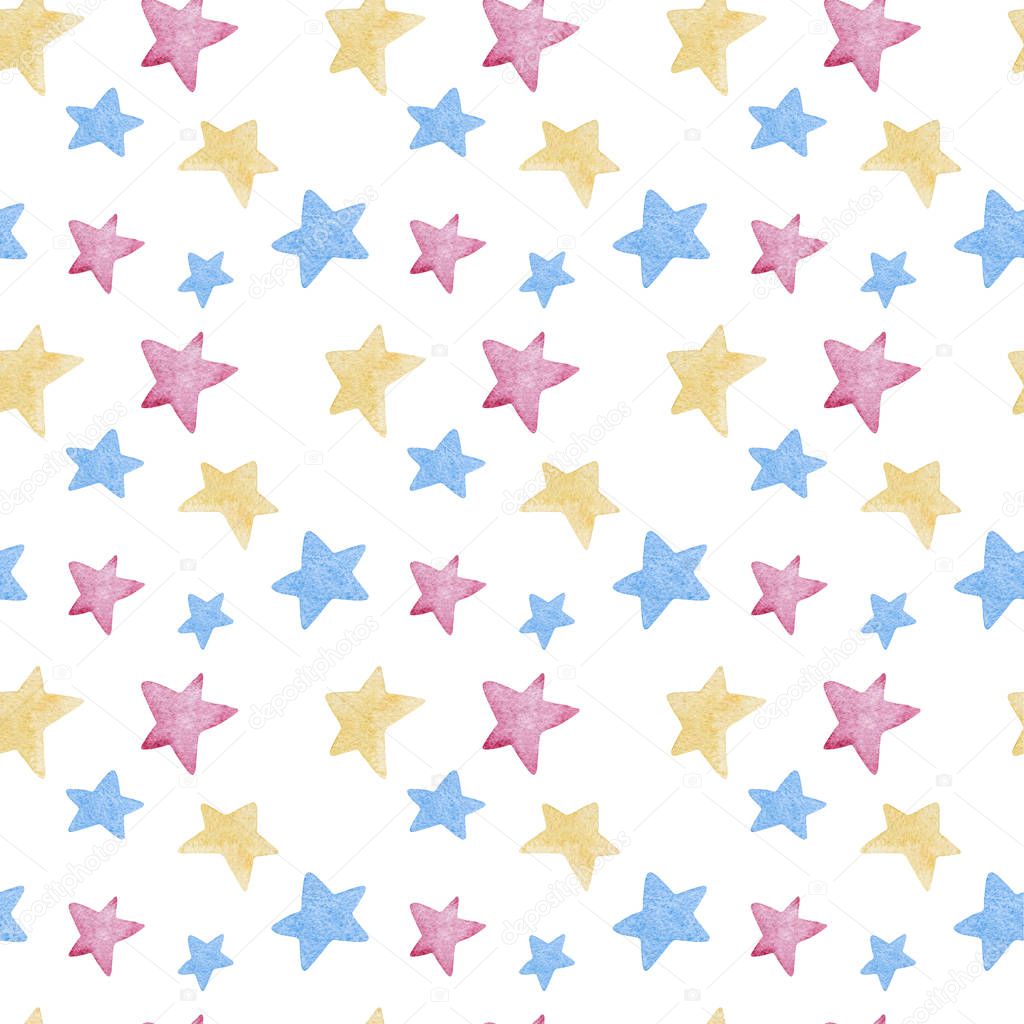 Watercolor illustrations of stars. Cute seamless pattern.