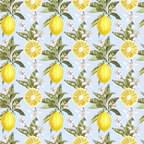 Lemon akwarela bezszwowy wzór. Piękna ręcznie rysowana faktura. Romantyczne tło dla stron internetowych, zaproszenia ślubne, tekstylia, tapety. — Zdjęcie stockowe