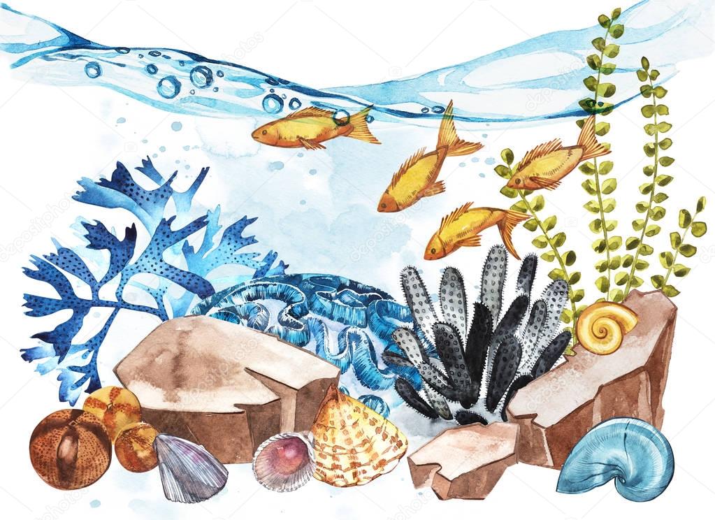 Marine Life Landscape - the ocean and the underwater world with different inhabitants. Aquarium concept for posters, T-shirts, labels, websites, postcards.