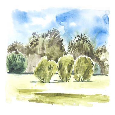 Suluboya manzara mavi gökyüzü, bulutlar, çalılar ve ağaçlar ile yeşil glade ile. Elle çizilmiş doğa Avrupa arka plan. Resim kırsal illüstrasyon.