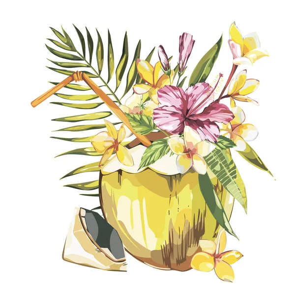 Schizzo disegnato a mano di cocco vettoriale con foglia di palma, plumeria e fiori di ibisco rosa. Illustrazione di cibo tropicale vettoriale ad acquerello. Isolato su sfondo bianco . — Vettoriale Stock