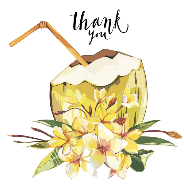 Word- Thank you. Vector coconut hand drawn sketch with plumeria flowers. Watercolor vector tropical food illustration. Isolated on white background. — Stock Vector