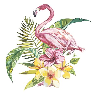 Flamingo tropikal çiçek ve yaprak ile. Tasarım davetiye, film afişleri, kumaşlar ve diğer nesneler için öğe. Beyaz izole. Vektör Eps 10