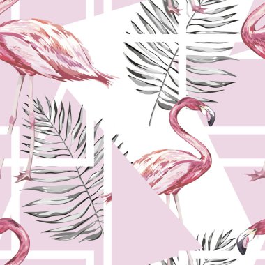 Tropikal Flamingo ve yaprakları ile Seamless modeli. Tasarım davetiye, film afişleri, kumaşlar ve diğer nesneler için öğe. Beyaz izole. Geometri ayarlayın. Vektör Eps 10