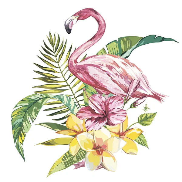 Flamingo com flores tropicais e folha. Elemento para design de convites, cartazes de filmes, tecidos e outros objetos. Isolado em branco. Vetor EPS 10 —  Vetores de Stock