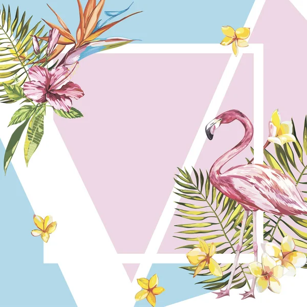 Banner, póster con flamenco, hojas de palma, hoja de la selva. Hermoso vector floral fondo de verano tropical. EPS 10 — Archivo Imágenes Vectoriales
