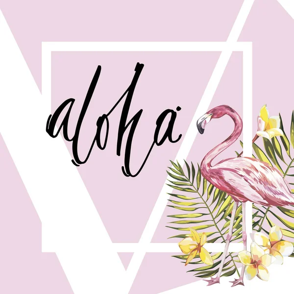Banner, plakat z flamingo, liści palmowych liści dżungli. Piękny kwiatowy lato tropikalny tło. Literowanie skład - Aloha. EPS 10 — Wektor stockowy
