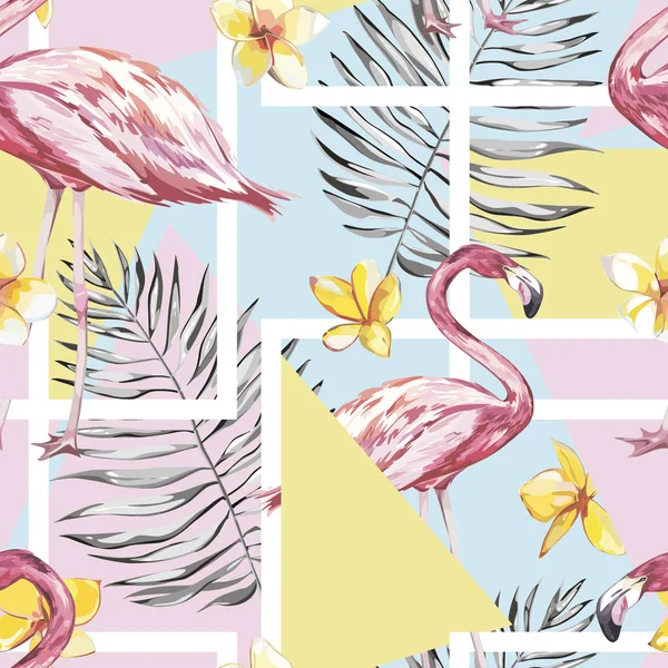 Nahtloses Muster mit tropischem Flamingo und Blättern. Element für die Gestaltung von Einladungen, Filmplakaten, Stoffen und anderen Objekten. isoliert auf weiß. Geometrie gesetzt. Vektor — Stockvektor