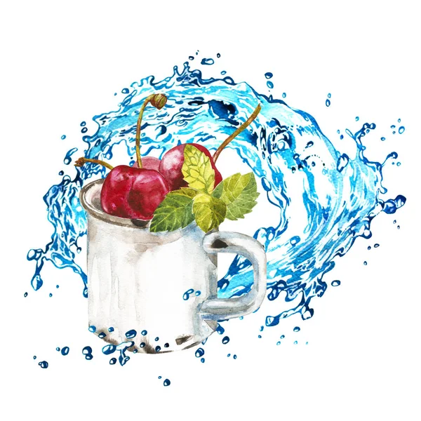 Cerezas maduras en una taza de metal con agua salpicada. Ilustración de acuarela sobre fondo blanco . —  Fotos de Stock