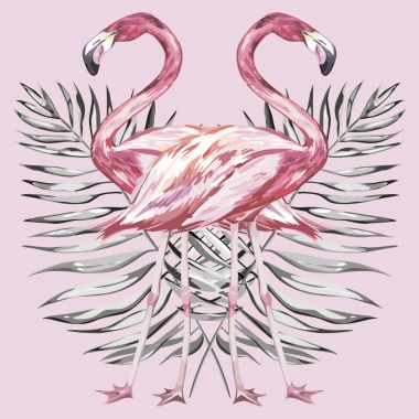 Flamingo ve tropikal yaprak suluboya resim. Tasarım davetiye, film afişleri, kumaşlar ve diğer nesneler için öğe. Pembe bir arka plan. Vektör Eps 10