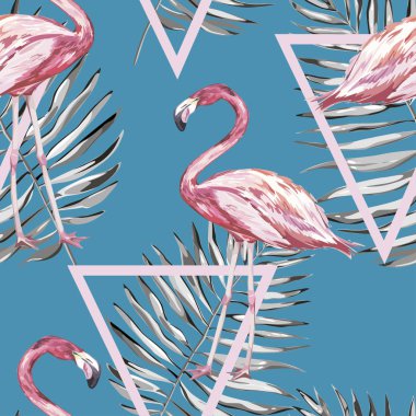 Tropikal Flamingo ve yaprakları ile Seamless modeli. Tasarım davetiye, film afişleri, kumaşlar ve diğer nesneler için öğe. Beyaz izole. Geometri ayarlayın. Vektör Eps 10