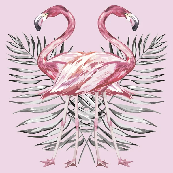 Flamingo en tropische blad aquarel illustratie. Element voor het ontwerp van de uitnodigingen, filmposters, stoffen en andere objecten. Roze achtergrond. Vector Eps 10 — Stockvector