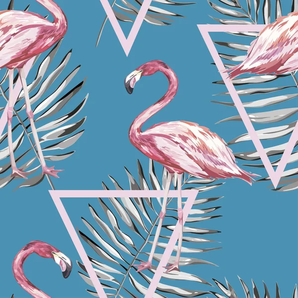 Padrão sem costura com Flamingo tropical e folhas. Elemento para design de convites, cartazes de filmes, tecidos e outros objetos. Isolado em branco. Conjunto de geometria. Vetor EPS 10 —  Vetores de Stock