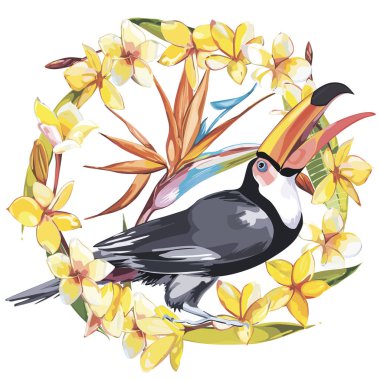 Flamingo tropikal çiçeklerle. Tasarım davetiye, film afişleri, kumaşlar ve diğer nesneler için öğe. Beyaz izole. Vektör Eps 10